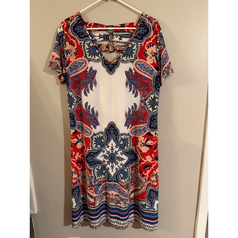 JOHN PAUL RICHARD Womens‎ XL Paisley Lattice Back Short Sleeve Dress Red Blue